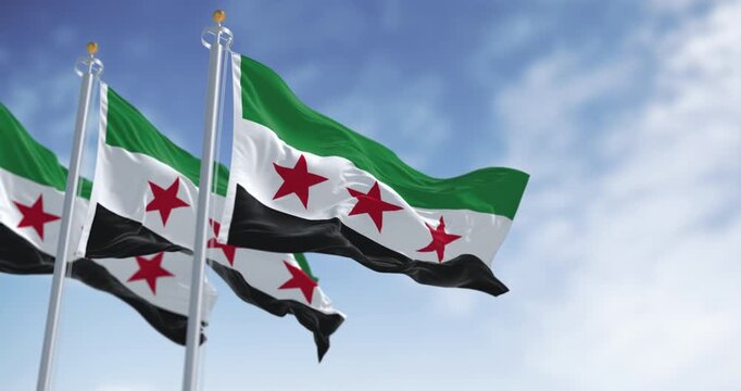 Syria national flags waving on a clear day. Horizontal tricolor green, white, black, three red five-pointed stars. Seamless 3d render animation. Slow motion loop. Selective focus