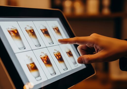 Hand touching iced coffee menu on screen drinks touchscreen