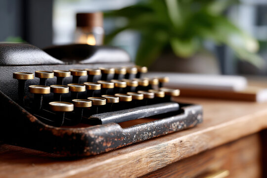Worn black vintage typewriter with brass keys on a wooden desk in warm ambient light, close-up