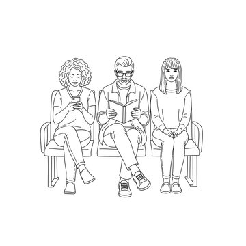 Illustration of three diverse individuals sitting on chairs, engaging in various activities like smartphone use and reading, while patiently waiting in a shared space
