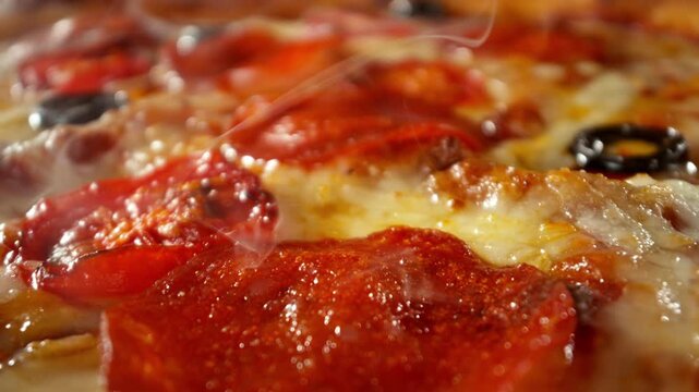 Appetizing Piece of Pizza Prepared for Eating , Camera Passing Just Above the Pizza , Unique Angle of View , Super Slow Motion