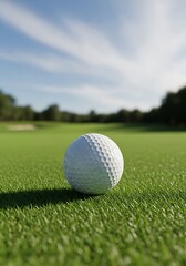 Fototapeta premium White golf ball on green grass dimpled golf course