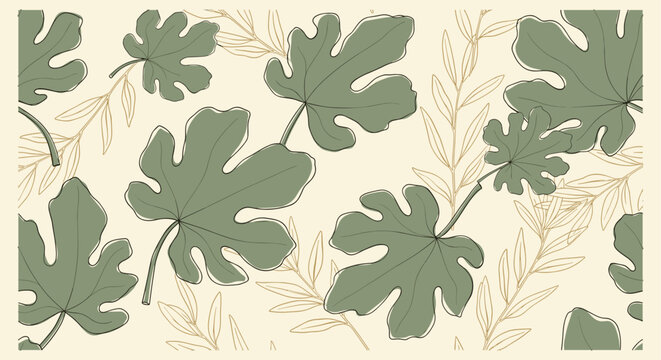 A dense arrangement of green fig leaves interspersed with thin, light brown branches covers a pale yellow surface.