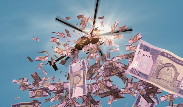 Afghanistan 100 Afghani AFN 100 banknotes helicopter money dropping 3d illustration