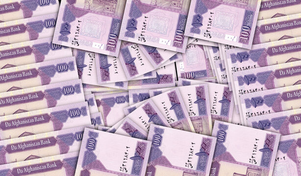 Afghanistan 100 Afghani AFN banknotes in a fan mosaic pattern 3d illustration