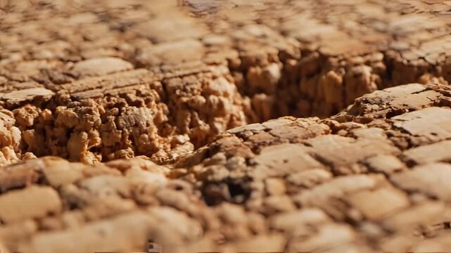 Close up of cracked dry earth with layers of sediment visible.