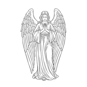 Graceful celestial angel with large feathered wings, hands clasped in a serene prayer, depicted in detailed monochrome line art, symbolizing peace, hope, and spiritual protection
