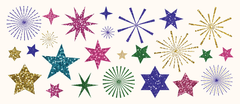 Glitter Star Stickers Set in Gold, Pink, Green and Blue Colors with Sparkling Sequin Texture, Disco Shine Effect Vector Design for Crafts, Invitations, Party Decor and Christmas Graphics