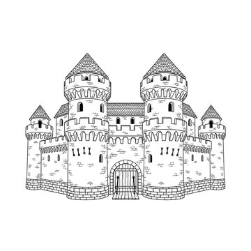 Detailed line art illustration of a classic medieval castle with multiple towers, battlements, and a grand gate, evoking historical architecture and fairy tale charm