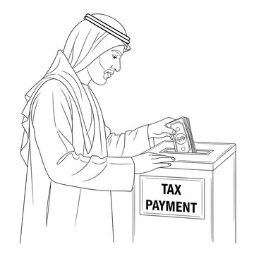 Dedicated Middle Eastern individual fulfilling civic duty by depositing money into a tax payment box, illustrating financial compliance and community support