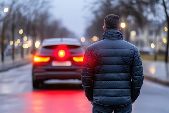 Anxious driver startled by sudden car dashboard warning beep and red alert light