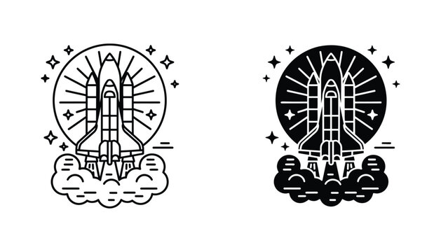Space shuttle launching into orbit vector illustration with smoke and stars in circular frame outline and solid black icon