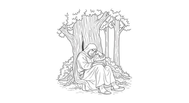 Line art of a cloaked figure contemplating under an old tree, symbolizing deep introspection, peaceful solitude, and serene reflection in a tranquil natural setting
