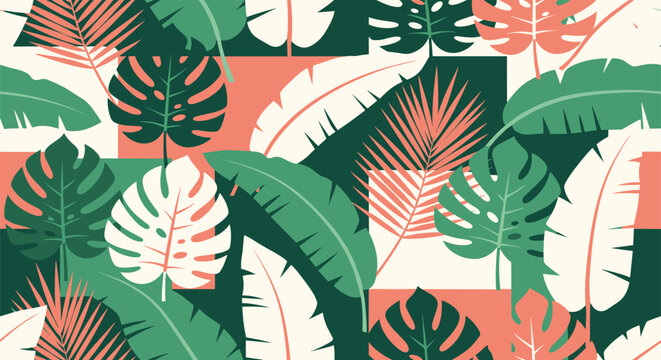 Tropical leaves create a vibrant seamless pattern set against a backdrop of colorful geometric blocks.