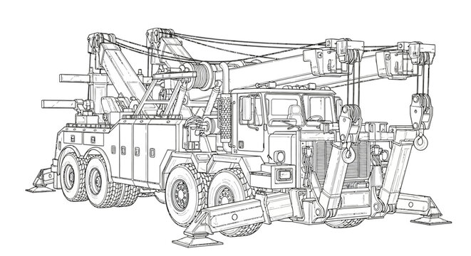 Detailed line drawing of a heavy-duty recovery tow truck with multiple winches and outriggers, showcasing its complex mechanical structure.