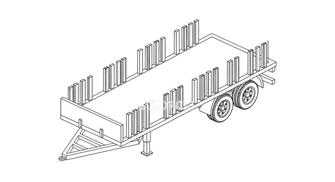 An isometric line drawing of a double-axle trailer with a flatbed and vertical stakes along its sides, designed for transporting goods.