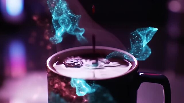 Pouring liquid into a dark mug, surrounded by floating blue wisps on a purple background