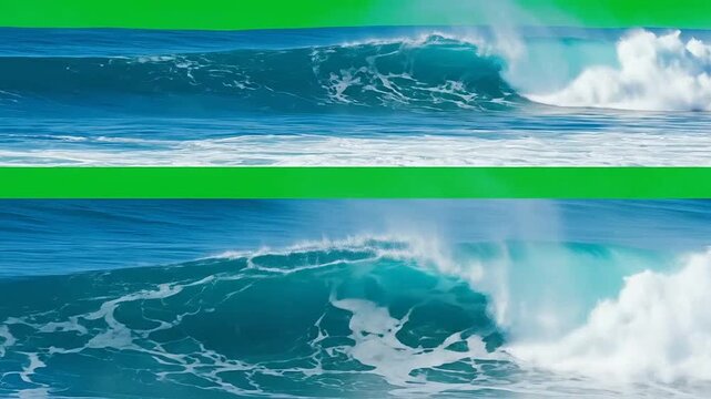 Powerful ocean waves barrel through the water with white foam and spray