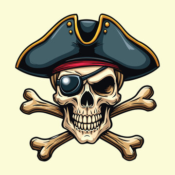 Pirate skull wearing a tricorn hat and an eye patch sits above two crossed bones in a classic maritime design.