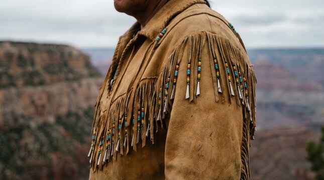 Native American man wearing traditional leather jacket with fringe and beadwork stands against a scenic canyon backdrop, showcasing the natural landscape and cloudy sky in the distance