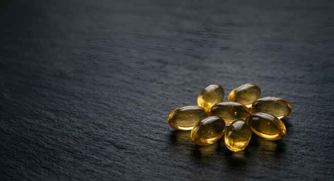 Close-up view of shiny amber-colored gel capsules arranged on dark textured surface for dietary supplement or wellness theme