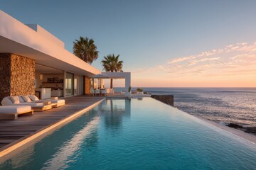Fototapeta premium Elegant seaside retreat with a panoramic infinity pool and ocean horizon views
