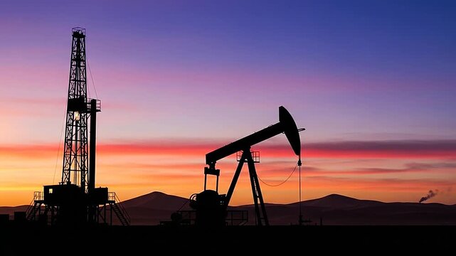 Oil rig and pump jack silhouette against a vibrant sunset sky