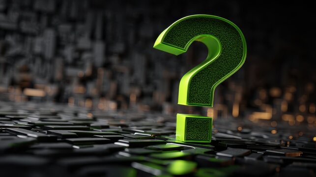Emerald question mark against a backdrop of dark signboards, dramatic urban lighting