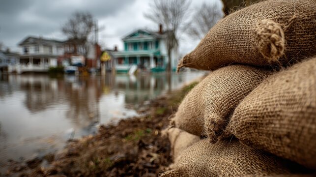Emergency flood protection scene: stacked sandbags at the edge of rising waters near residential area