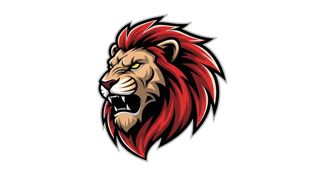 Fierce roaring lion head with red mane mascot logo design sharp teeth aggressive wildlife predator strength character illustration creature powerful detailed impressive majestic