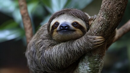 Fototapeta premium A sloth with a sad expression hugs a tree branch: a background image for content on wildlife conservation, ecology and the protection of endangered species.