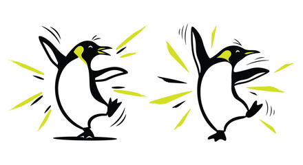 Obraz premium Penguins dancing with joyful energy are depicted in a minimalist black and white line art illustration.