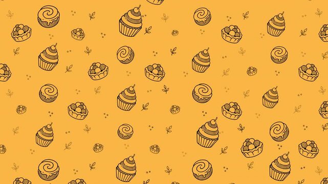 Dessert pastry and sweet treats hand drawn seamless pattern background animation set for bakery. Motif pattern animation of cupcakes, tarts, sweet pastries doodle illustration for cafes