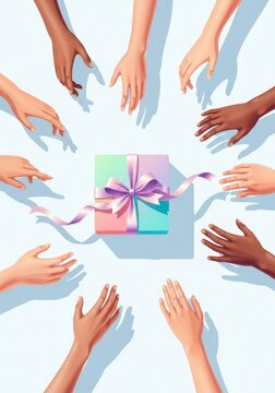 A clean flat illustration showing several hands reaching out to hold a pastel colored gift box wrapped with a soft ribbon on a plain base, stylish, occasion, concept