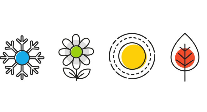 Set of seasonal icons depicting winter, spring, summer, and autumn, representing the changing weather and natural elements throughout the year