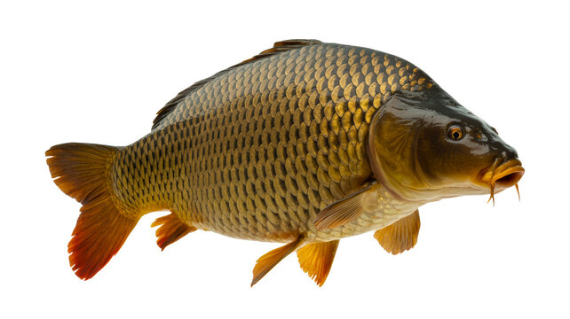 A beautiful common carp with detailed golden scales and orange fins swimming gracefully showing its muscular body structure presented in high resolution on transparent background