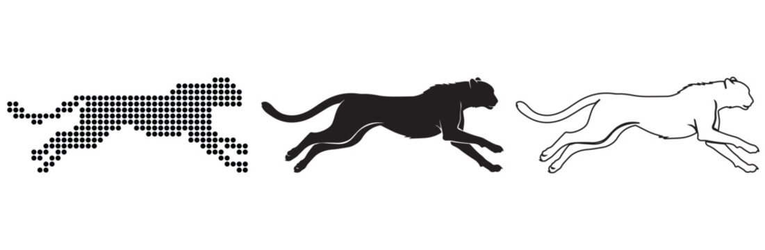 Three stylized cheetahs in motion, from pixelated to silhouette to outline