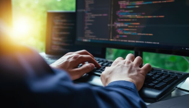 Person typing code on a keyboard with two monitors displaying programming scripts in a bright, natural light setting.