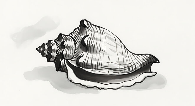 detailed illustration of conch shell in black and white