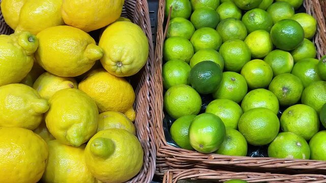 Whole citrus lemons and limes close up, rotate vibrant fruit display at an outdoor market in Singapore, under bright, natural lighting with a handheld camera perspective