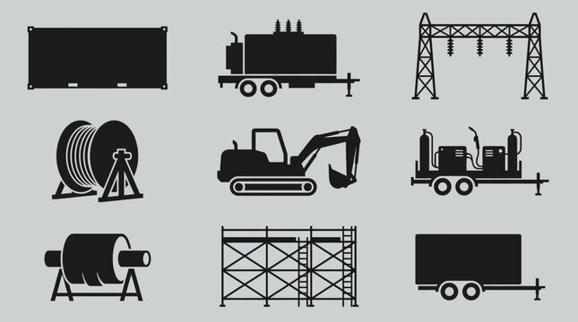 Flat silhouette icons of integrated industrial energy construction systems