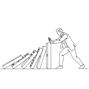 Businessman actively stopping a chain of falling dominoes, symbolizing crucial crisis prevention, effective risk management, and the strength of determination in business challenges