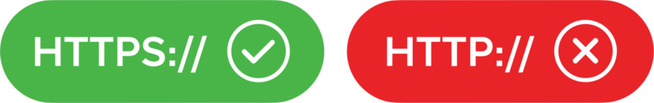Secure HTTPS and unsafe HTTP web protocol comparison with checkmark and cross icon flat vector illustration.