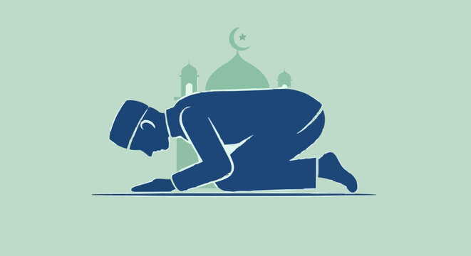Stylized vector illustration of a Muslim man prostrating in prayer, depicting devotion and spiritual connection within Islamic worship tradition