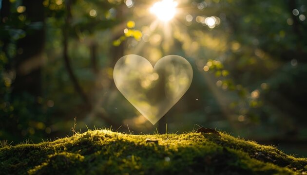 There is a heart shaped object sitting on top of a moss covered hill
