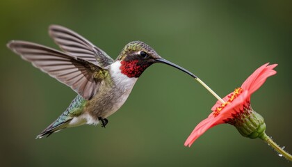 Obraz premium There is a hummingbird that is feeding from a red flower