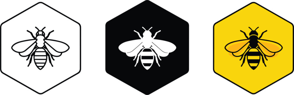 Minimalist honey bee icon set with black white and yellow hexagon badges for clean nature branding.