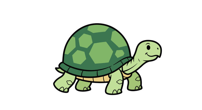A cheerful cartoon turtle with a green shell and yellow underbelly walks to the right against a clean white background.