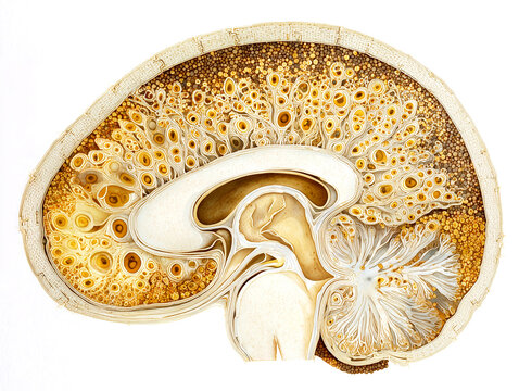 Human brain coronal macro cross section anatomy illustration showing cortical mantle white matter core hippocampal formation and central nervous system architecture in warm amber gold tones on white b