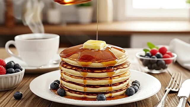 A stack of golden pancakes is drizzled with sweet syrup and topped with butter and berries
